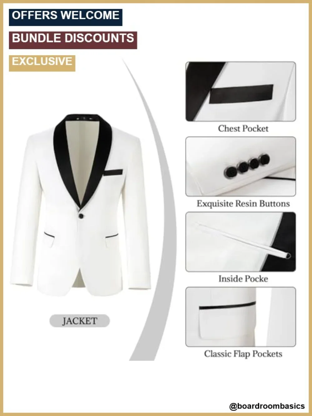 Men's 3 Piece Slim Fit Tuxedo Set with Bow Tie & Pocket Square